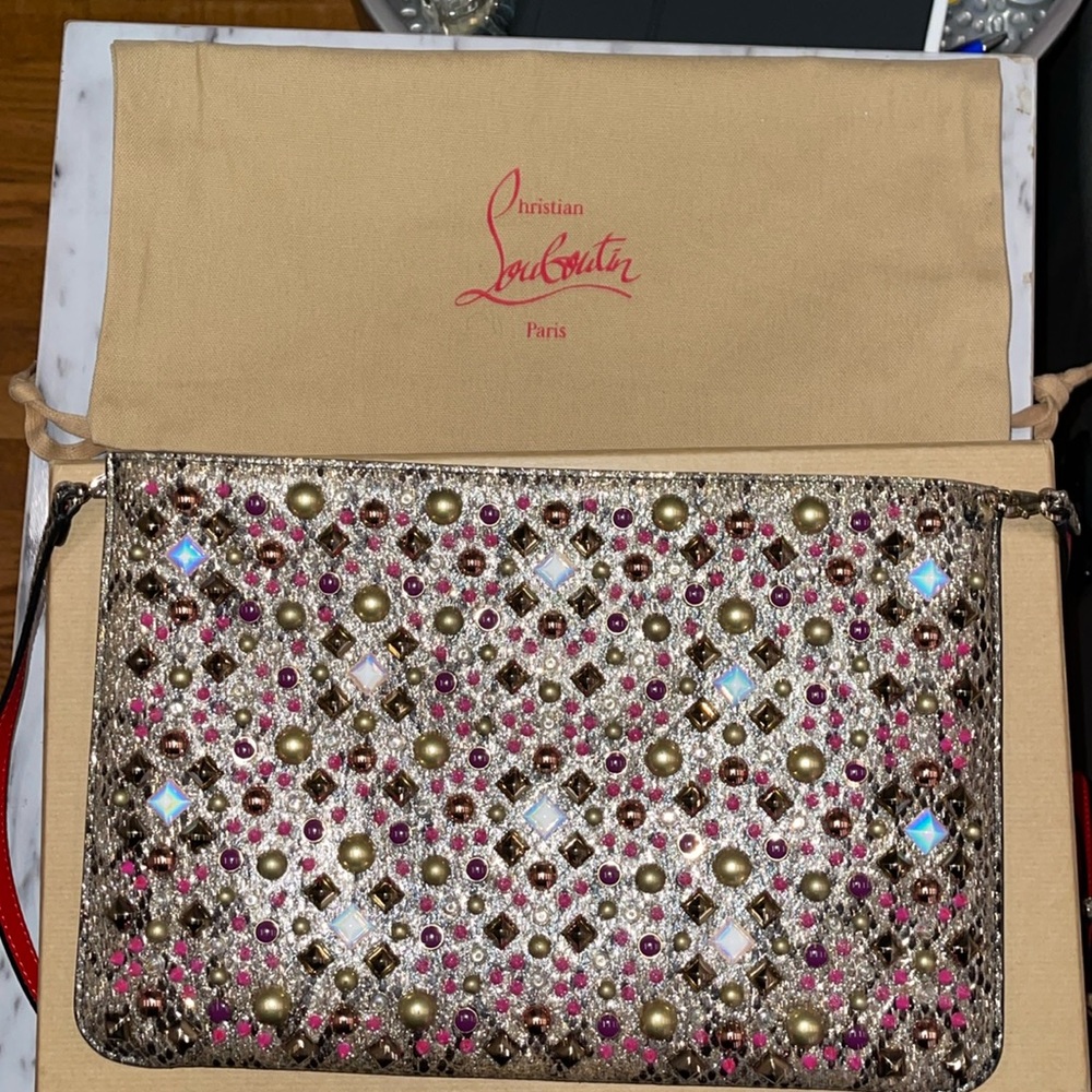 Preloved Louboutin clutch glitter eve/spikes fly great condition comes w/ box db